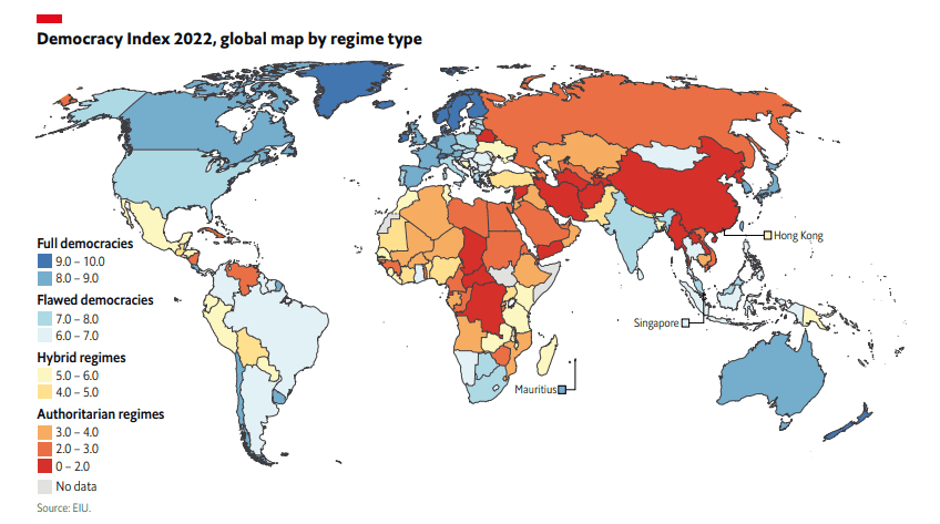 Carte colorée en fonction de l’état démocratique du pays, 2022