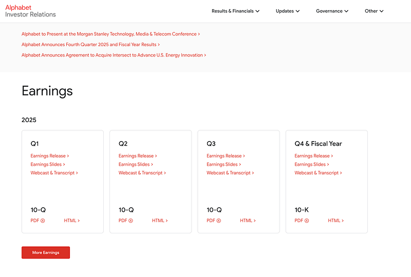 Page dâaccueil Investor Relations de Google