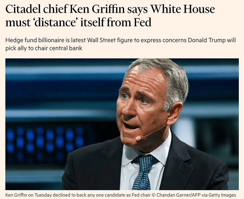 Ken Griffin, directeur du fonds d’investissement Citadel, dit à la Maison-Blanche de garder ses distances avec la banque fédérale américaine.